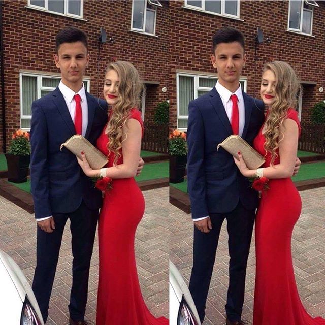 suit with red dress