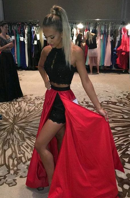 Two piece red cheap and black prom dress