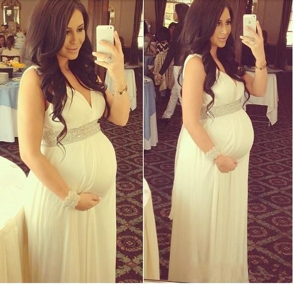 White Prom Dresses Chiffon Evening Dress Pregnant Prom Dress V Neckline Prom Dresses Kb20184338 On Luulla