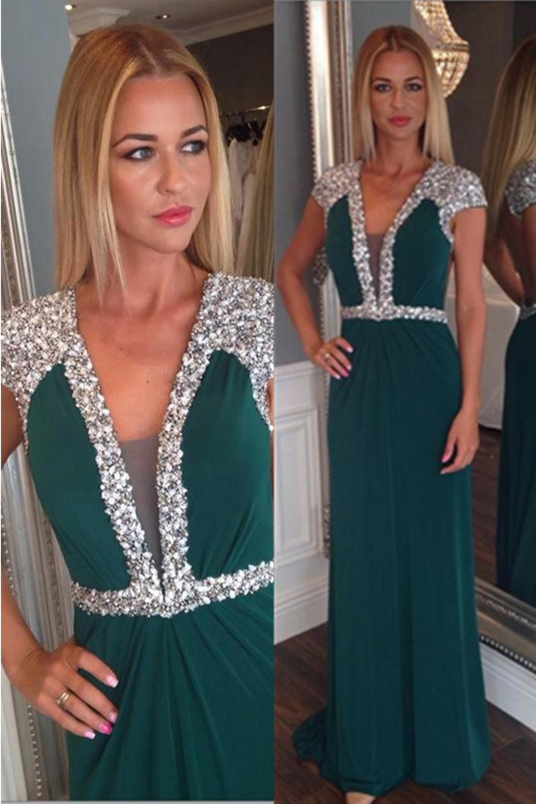 Dark Green Chiffon Beading Prom Dresses,Vneck Open Back Prom Gowns on
